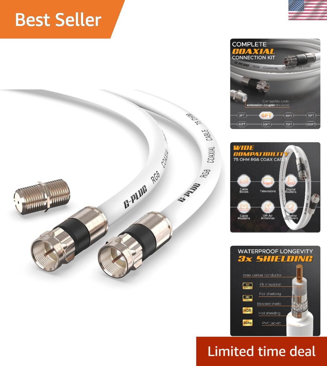 6FT RG6 Coaxial Cable Set - High-Speed Internet & TV, Weather-Sealed Connectors