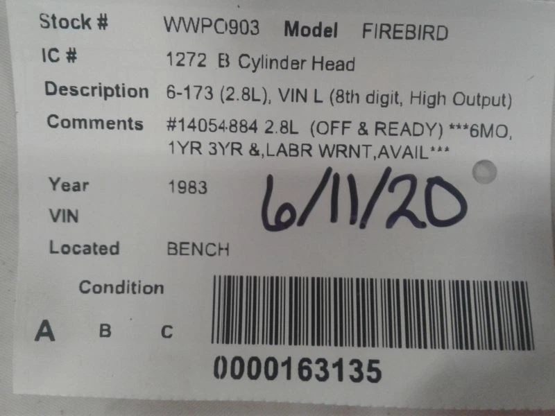 Cylinder Head 1983 PONTIAC FIREBIRD 2.8L Part # 14054884  - Image 4 of 4