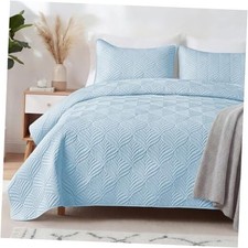 Extra Soft Full Queen Quilt Bedding Set, Lightweight Queen 96"x90" Light Blue