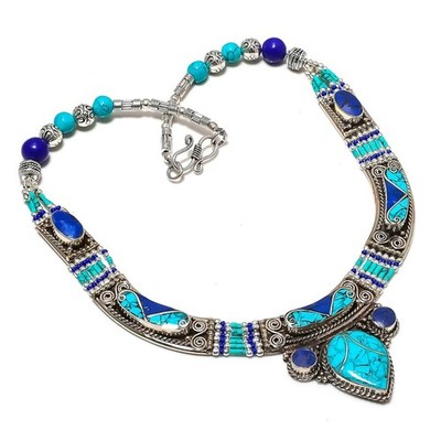 Turquoise Lapis Lazuli Necklace Handmade Boho Tibetan Nepali Jewelry 18'' NN 7132