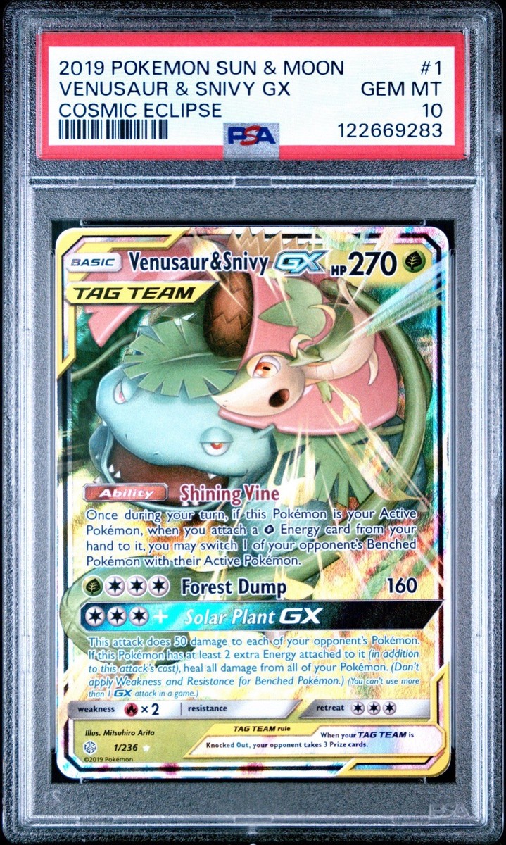 VENUSAUR & SNIVY GX 1/236 PSA 10 COSMIC ECLIPSE TAG TEAM POKEMON