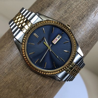 Mens Pulsar Calendar Day Date Quartz Two Tone Stainless Steel