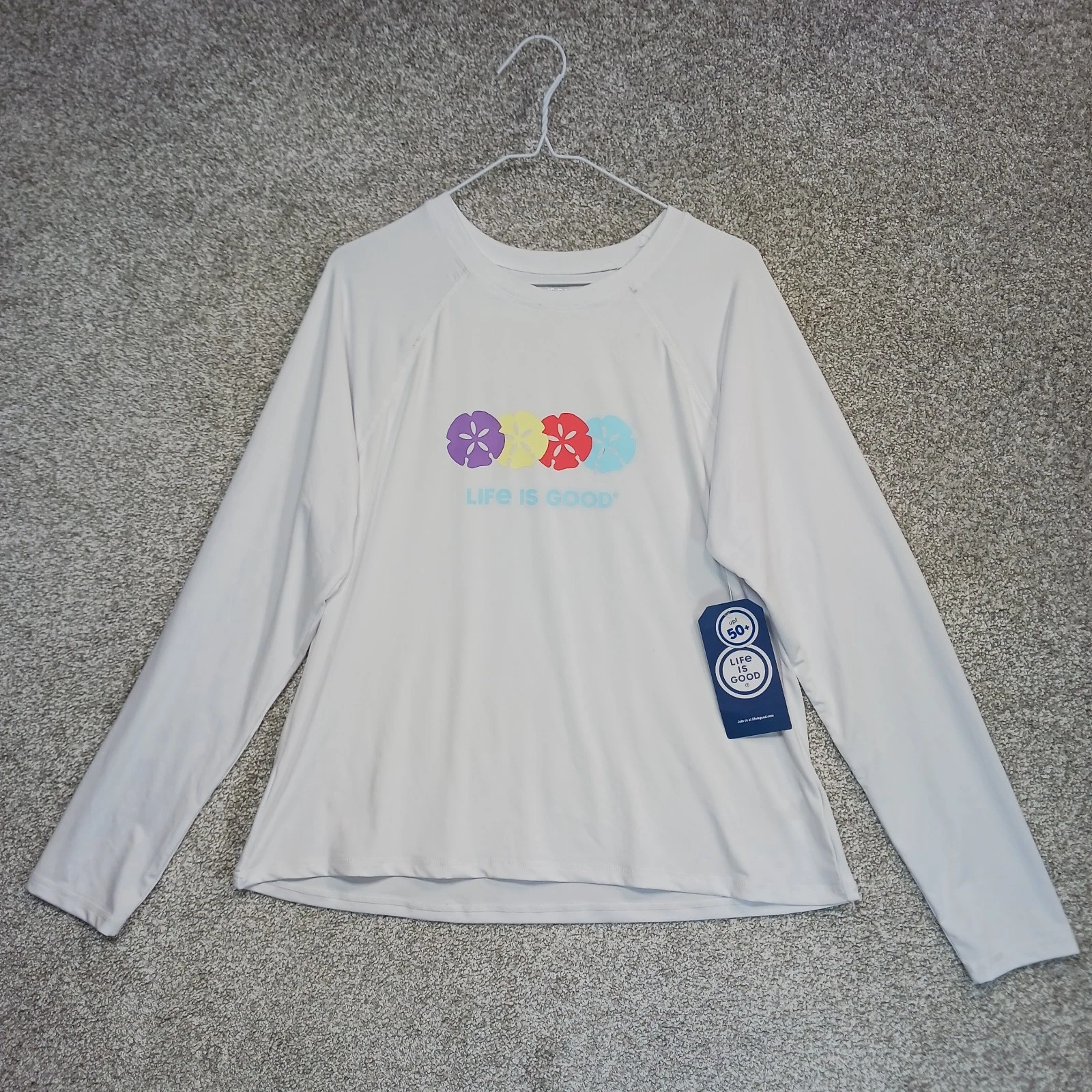 Life Is Good Sun Shirt Womens XL White Long Sleeve UPF 50+ Beach Sand Dollars