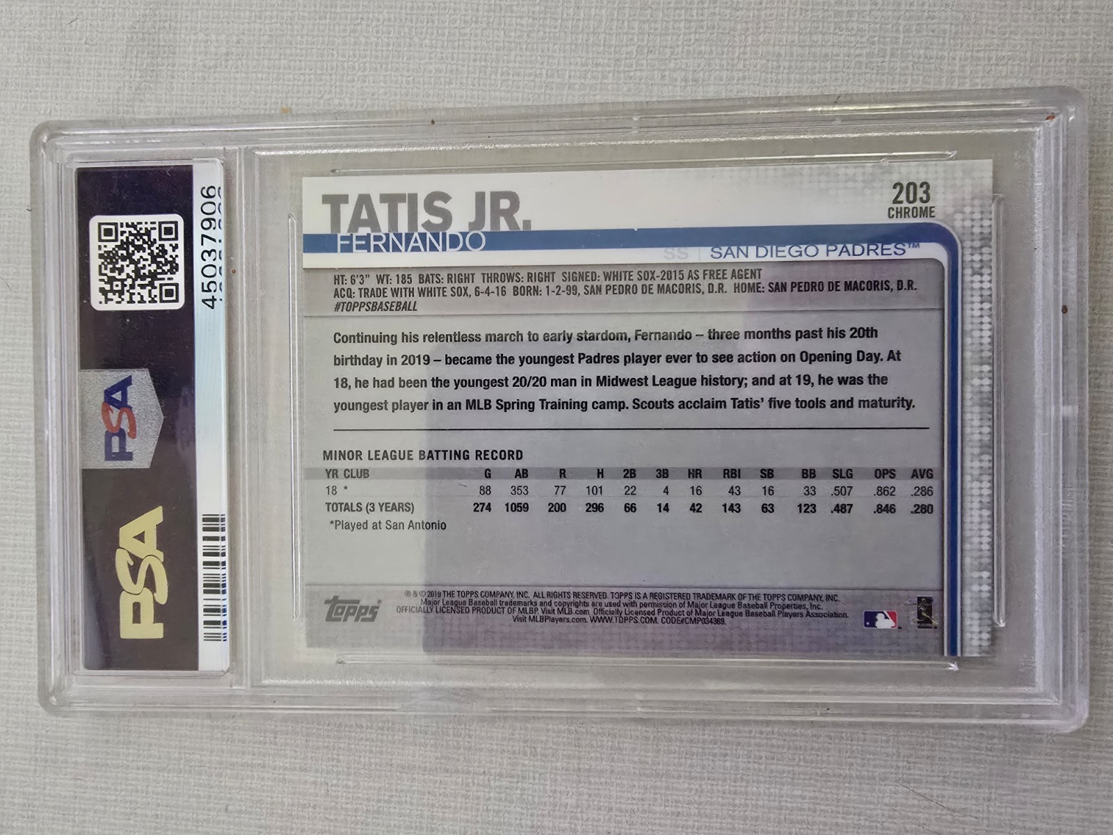 2019 Topps Chrome Fernando Tatis Jr Prism Refractor Rookie Card RC #203 PSA 10 view 2