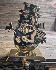 Vintage Gold Tone Shiny Snowman Stocking Holder/ Hanger - 6.5” Tall - Heavy