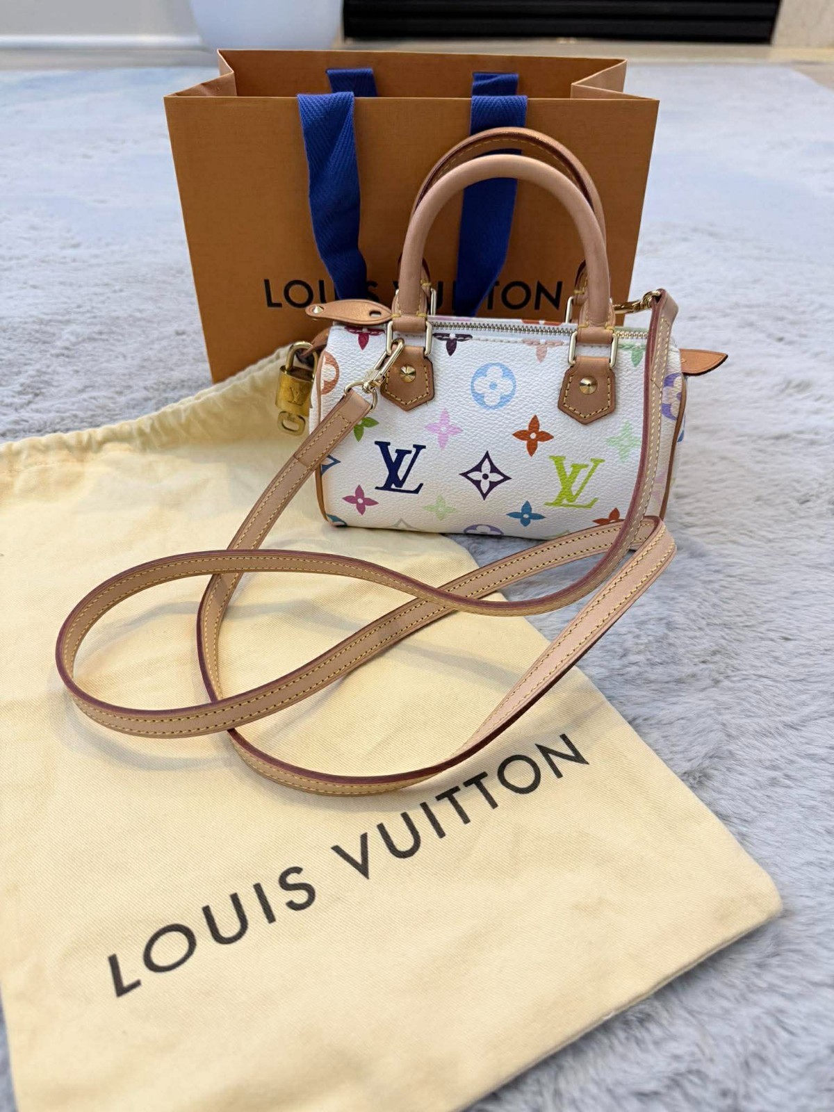 Louis Vuitton Nano Speedy Multicolor Monogram White Canvas Mini Bag Authentic