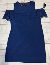 AB Studio Womens Tank Sheath Dress Size 10 Blue Off Shoulder Lace Panel Knee Lth