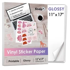 Koala Printable Vinyl Sticker Paper 11x17 Waterproof Glossy White Inkjet 10 Ct