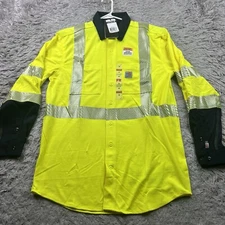 Carhartt FR Flame Resistant Hi Viz Yellow Reflective Button Shirt Mens Medium