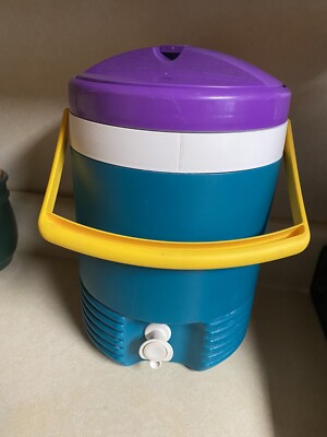 Vintage 1995 Igloo 2 Gallon Push Spout Drink Water Cooler Jug Purple White Teal