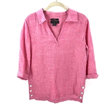 Tahari 100% Linen Tunic Top Womens Size S Pink Shirt Side Buttons Machine Wash