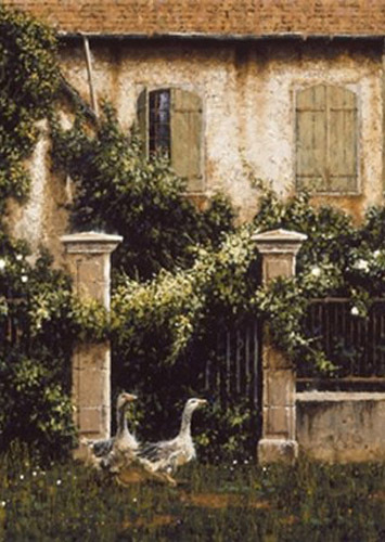 Nosey Neighbors by George Hallmark Geese Open Courtyard Edition 9 x 12 Print - Picture 1 of 1