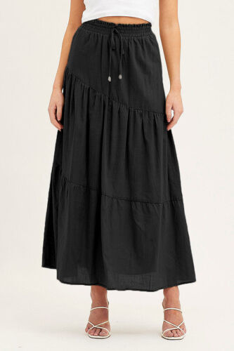 Lady Casual Solid Color Cotton Linen Elastic Waist Fashion Summer Long Skirt - Picture 17 of 26