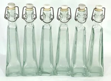 Set of 6 Vintage Green Glass Oil Cruets w/ Wire Bales & Stoppers 8" Tall