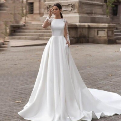 Elegant Long Sleeves Wedding Dresses Satin Lace Illusion Back Bridal Gown  Custom