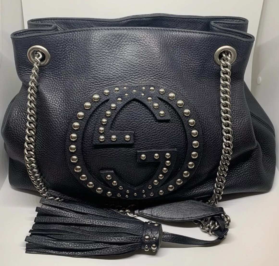 Gucci Black Pebbled Leather Studded Soho Medium Tote Crossbody Bag