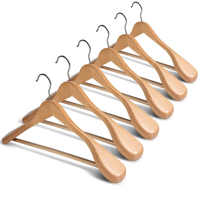 ZOBER Extra Wide Shoulder Wooden Hangers Set of 6 Heavy Duty Coat