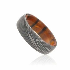 New 7mm Wide Damascus Steel Ring with a Tiger Wood Sleeve