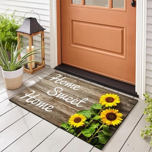 SuQKXCo Sunflower Welcome Doormat Home Sweet Home Door Mat 17 X 29 Inch Wood