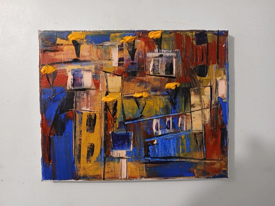 original abstract acrylic painting on canvas "Spanish Plaza At Night" - Image 4 of 4