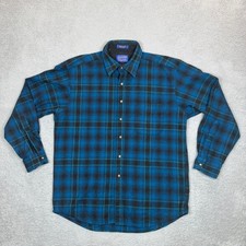 Pendleton Lodge Shirt Mens Large Blue Black Plaid 100 Virgin Wool Button Down