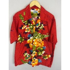 Vintage 70s Penneys Hawaii Mens Red Floral Hibiscus Aloha Shirt Short Sleeve L
