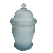 Vintage Blue Satin Glass Covered Apothecary Jar on Pedestal with Hand-Painted Floral Decoration — listing 3