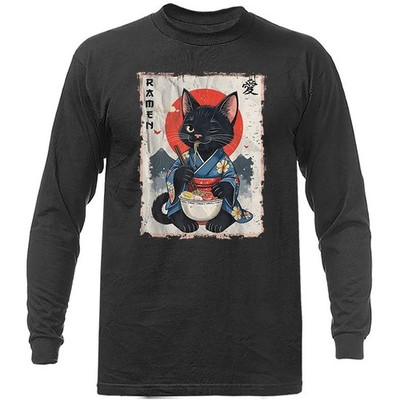 Kawai Cat Eating Ramen Noodle-Japanese Anime Manga Long Sleeve T-Shirt