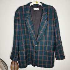 Paul Stanley Vintage Wool Blend Plaid Blazer Green Blue Orange Size 16 USA Made