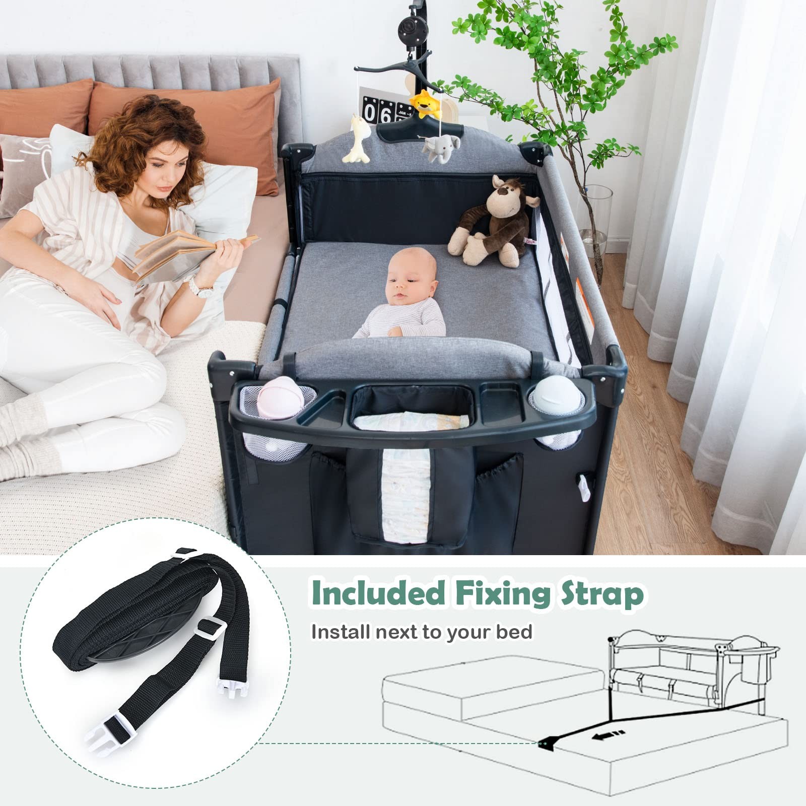 5-in-1 Pack and Play, Baby Bedside Sleeper with Bassinet, Multifunction Bedsi...