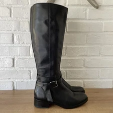 Cole Haan Grand  Womens Size 7.5 Black Leather Riding Zip Knee High Boots