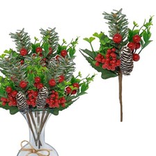 Christmas Picks - Set of 10 - Greenery Snow Tipped Pinecones with Red Berries...