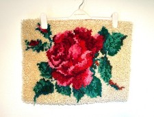 Vintage Rose Latch Hook Fiber Art, Wall Hanging 15.5x21 
