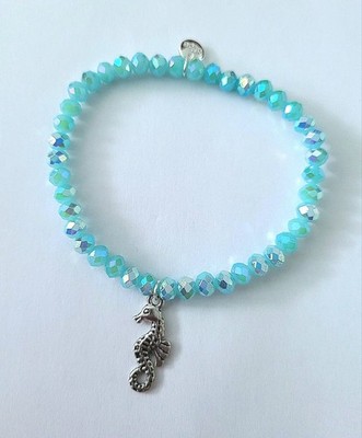 Biba, Kristall Armband mit Seepferdchen, dehnbar, 19 blau, silber, Neu /B1434