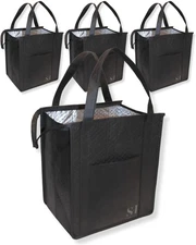 Black Insulated Grocery Bags, 4 Pack Reusable Shopping Bags with Zippered Top
