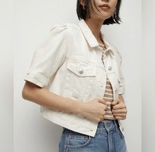Veronica Beard L Raina Puff Short Sleeve Denim Jacket Ecr Cream USA Cropped Chic