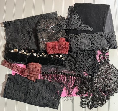 Remnant / Salvaged Vintage Material & Ephemera Pack. Black, Velvet, Sparkle Mix