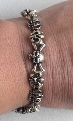 Momento Mori Sterling Silver Skull Crown Fleur de Lis Bracelet Gothic Biker #10