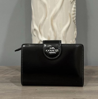 NWT COACH Medium Corner Zip Wallet Spazzolato Leather Black Silver CW526