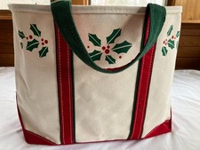 L L Bean Vintage Holiday Holly  Berries Large Canvas Boat  Tote Bag EUC USA
