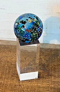 Josh Simpson Signed 2004 Studio Art Glass Planet Globe Marble & Stand Corning