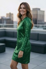 Charlotte Russe Green "Afterparty" Sequin Dress Open Back Long Sleeve Size M