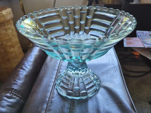 Vintage Jeanette Glass Louisa Aqua Ice Blue Basket Weave Fruit Bowl