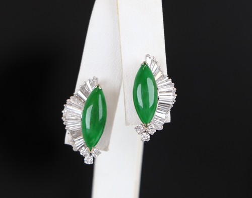 GIA 14K White Gold Natural Green Marquis Imperial Jade Jadeite Diamond Set - 第 14/15 張圖片