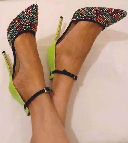 Boohoo Ankle Strap Heels Green & Black Beaded Sandals 9 - Picture 2 of 6