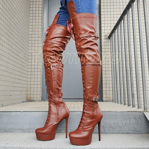 Women Over Knee Boots Wide Calf Adjustable Shoeslace High Heels Boots  Fashion | eBay