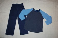 Boys Outfit L/S WAFFLE KNIT SHIRT 2-Tone Blue Heathered NAVY PANTS Woven SIZE 5