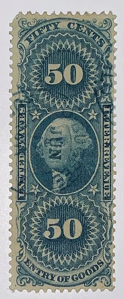 Travelstamps:1862-1871 US Revenue Scott R55c 50c Entry of Goods Handstamped Used - Image 2 of 4