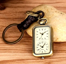 Vintage Bronze Quartz Movement Square Double Timing Keychain Pocket Watch Gift