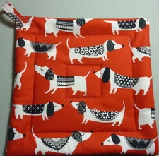 Deluxe Hot Pad/ Pot Holder: DOGS DACHSHUND ALL DECKED OUT: Red/ Black: Quilted